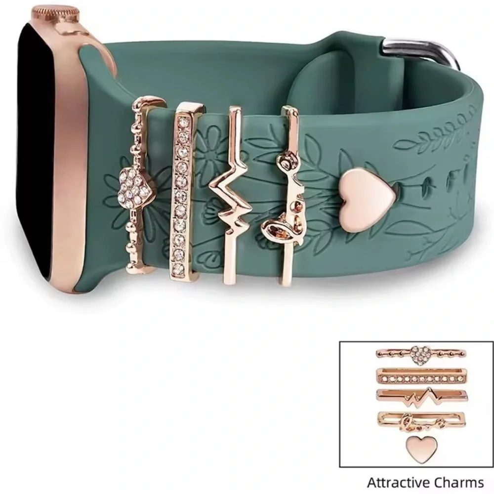 NWT-Silver Heart & Crystal Charm Set for Black Smartwatch Band
